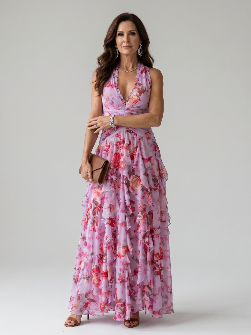 Dragana | Halter Neck Ruffled Bodice Cvjetna Maxi Haljina