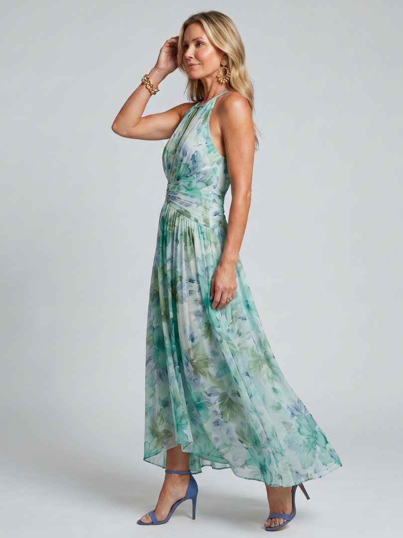 Marija | Halter Midi Haljina sa Naborima i Mekanim Cvjetnim Uzorkom