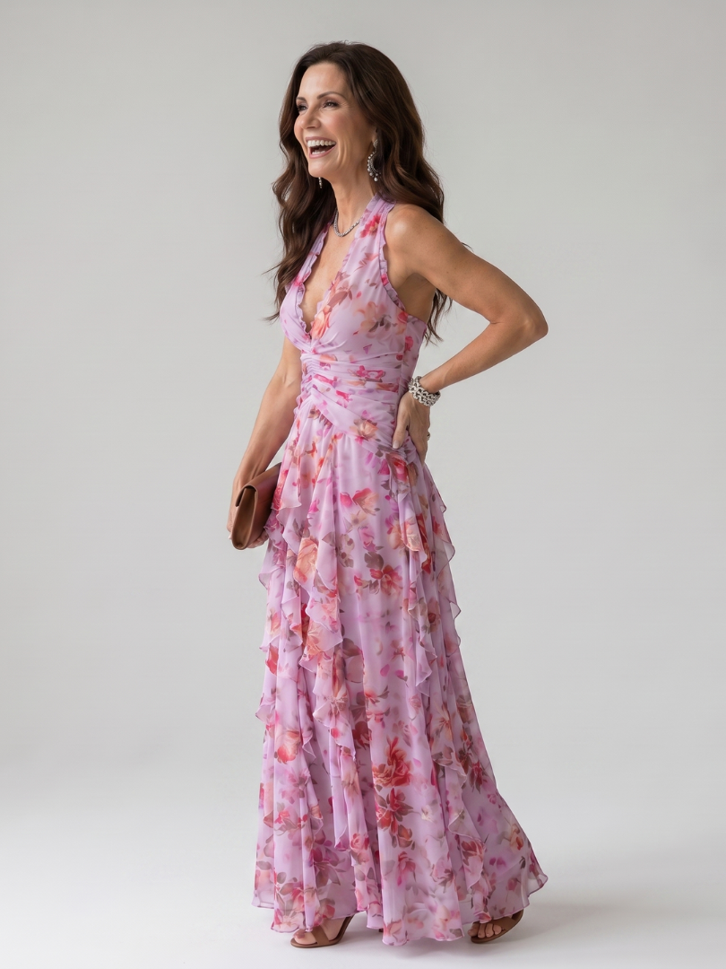 Dragana | Halter Neck Ruffled Bodice Cvjetna Maxi Haljina